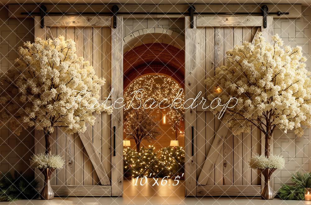 Kate Wedding Barn Door Blossom Trees Lights Backdrop Designed by Mini MakeBelieve - Image 4