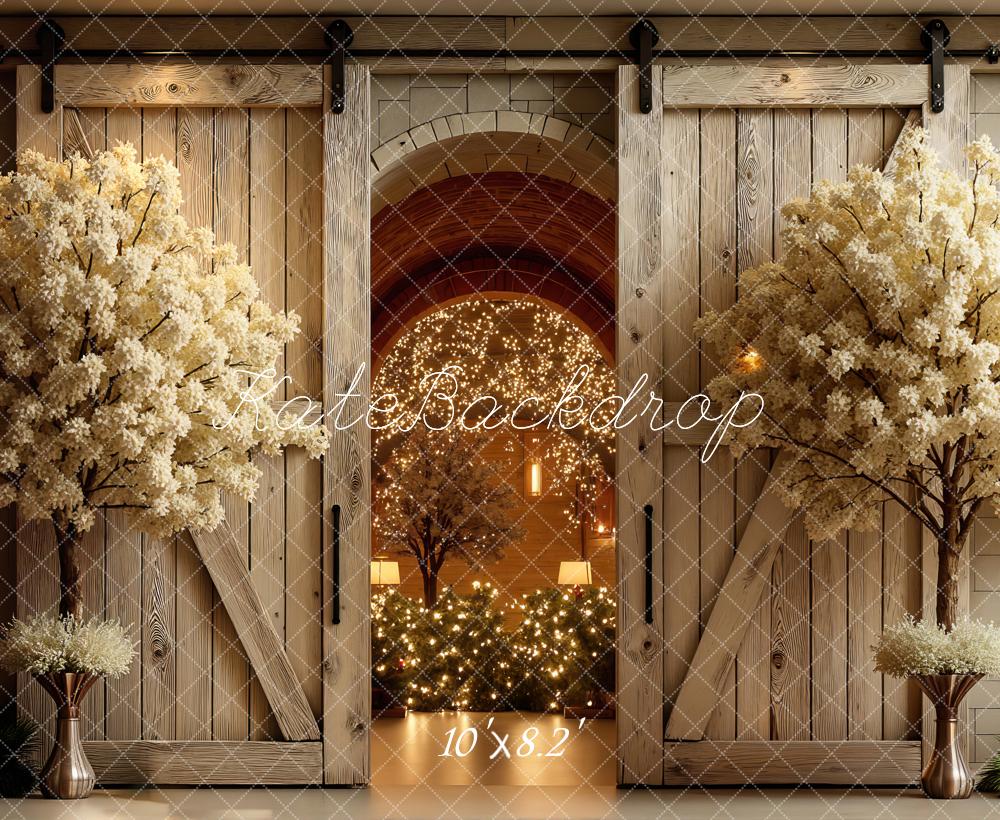 Kate Wedding Barn Door Blossom Trees Lights Backdrop Designed by Mini MakeBelieve - Image 6
