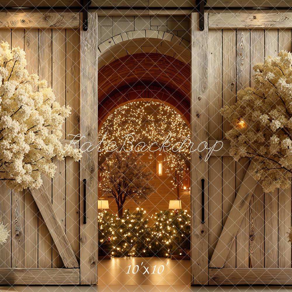 Kate Wedding Barn Door Blossom Trees Lights Backdrop Designed by Mini MakeBelieve - Image 7