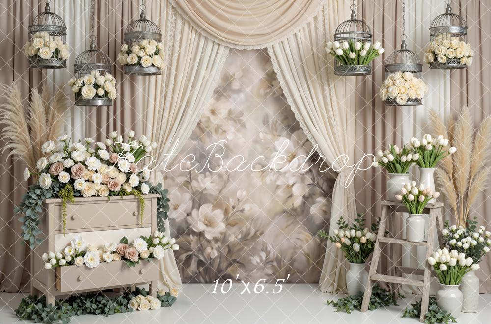 Kate Wedding Cream Floral Birdcages Drapes Backdrop Designed by Mini MakeBelieve - Image 4