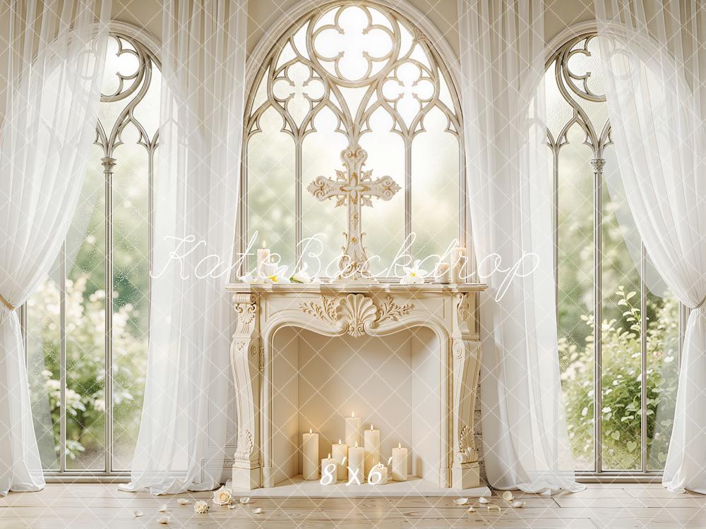 Kate Wedding Cross Fireplace Candles White Curtains Backdrop Designed by Chain Photography - Image 3