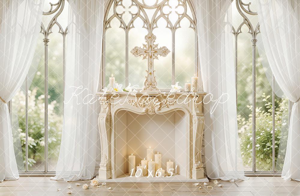 Kate Wedding Cross Fireplace Candles White Curtains Backdrop Designed by Chain Photography - Image 4