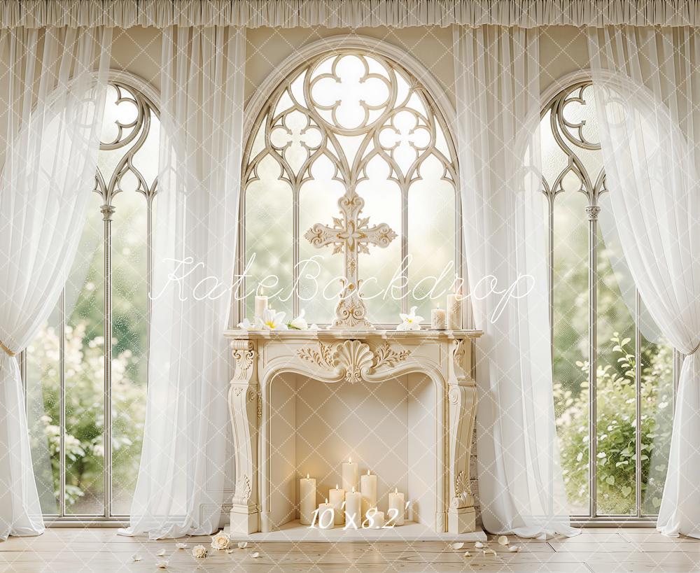 Kate Wedding Cross Fireplace Candles White Curtains Backdrop Designed by Chain Photography - Image 6