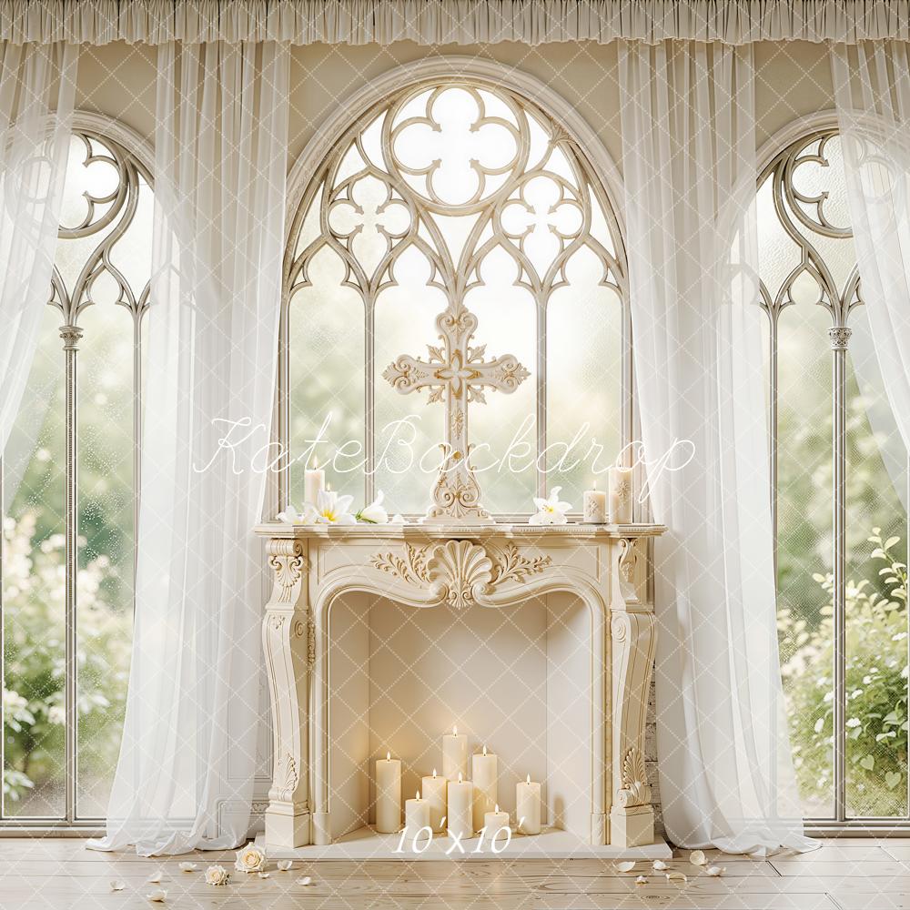 Kate Wedding Cross Fireplace Candles White Curtains Backdrop Designed by Chain Photography - Image 7
