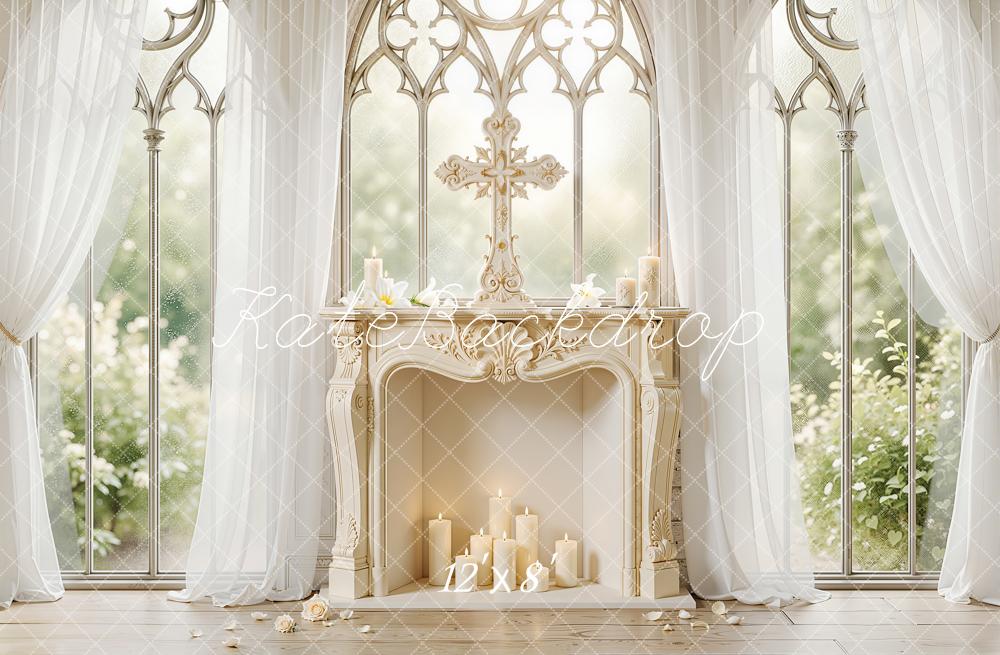 Kate Wedding Cross Fireplace Candles White Curtains Backdrop Designed by Chain Photography - Image 8