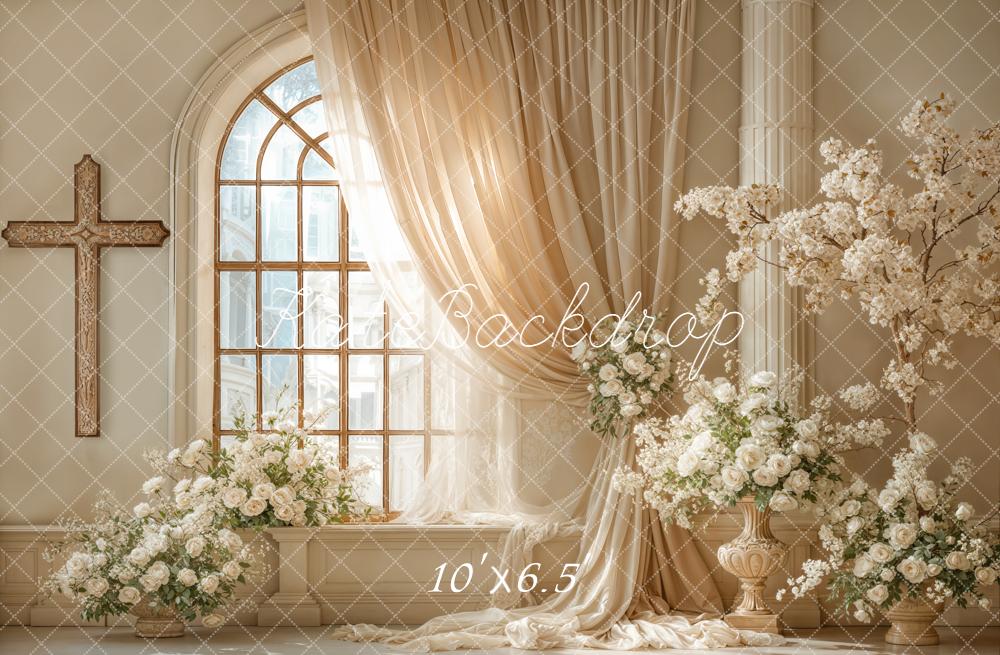 Kate Wedding Cross Window Floral Cream Fleece Backdrop Designed by Emetselch - Image 2
