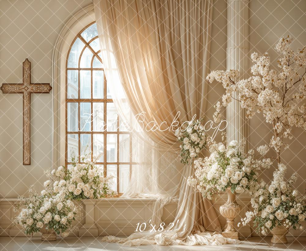 Kate Wedding Cross Window Floral Cream Fleece Backdrop Designed by Emetselch - Image 3