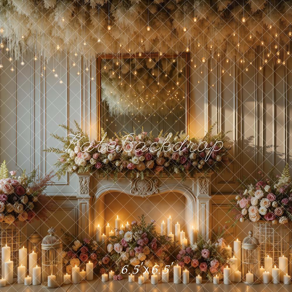 Kate Wedding Fireplace Roses Candles Backdrop Designed by Mini MakeBelieve - Image 2