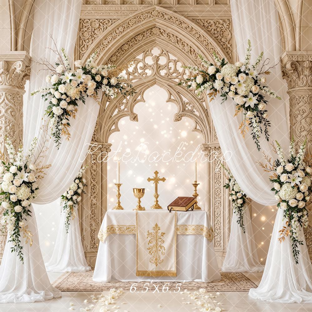 Kate Wedding Floral Altar Gold Chalice Columns Backdrop Designed by Chain Photography - Image 2