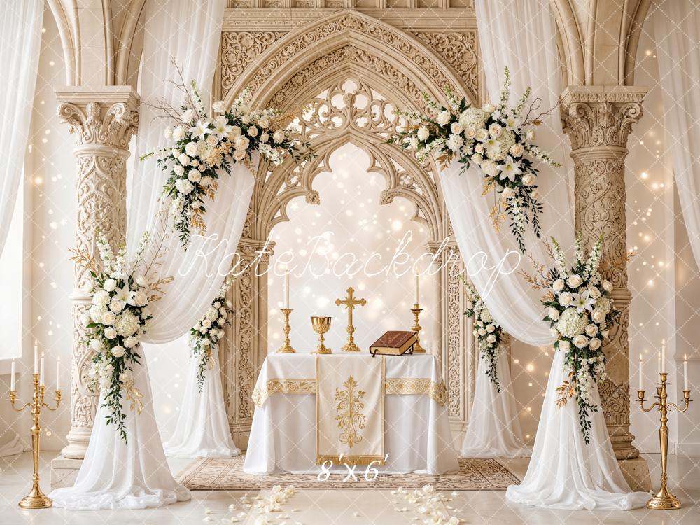 Kate Wedding Floral Altar Gold Chalice Columns Backdrop Designed by Chain Photography - Image 3