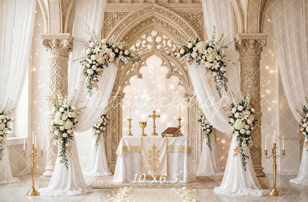 Kate Wedding Floral Altar Gold Chalice Columns Backdrop Designed by Chain Photography - Image 4