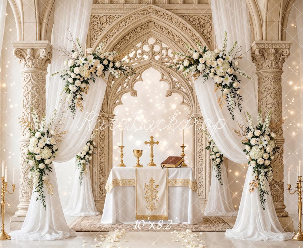 Kate Wedding Floral Altar Gold Chalice Columns Backdrop Designed by Chain Photography - Image 6