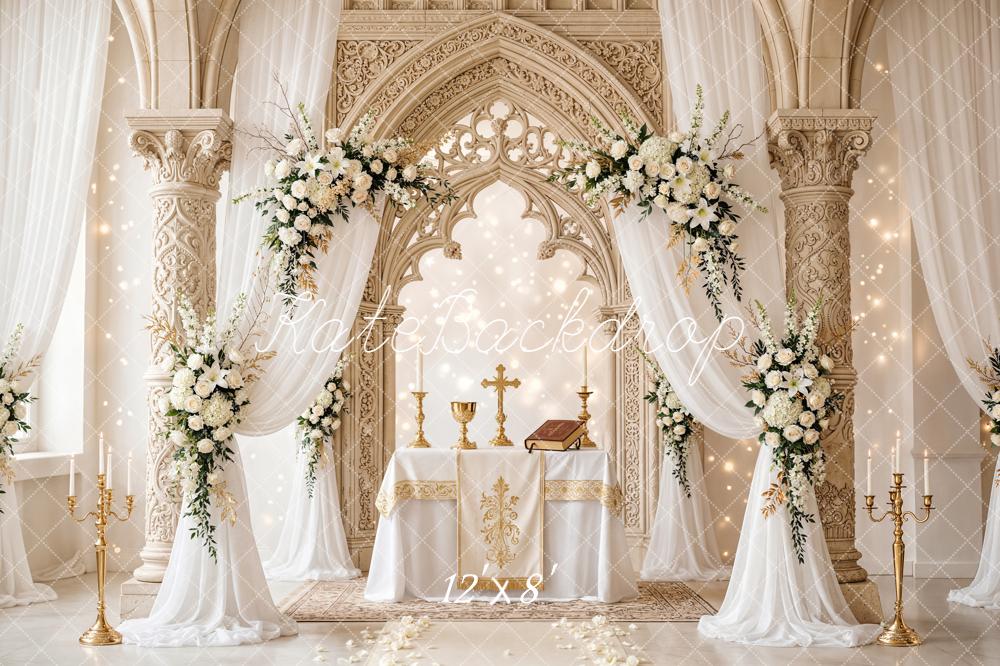 Kate Wedding Floral Altar Gold Chalice Columns Backdrop Designed by Chain Photography - Image 8
