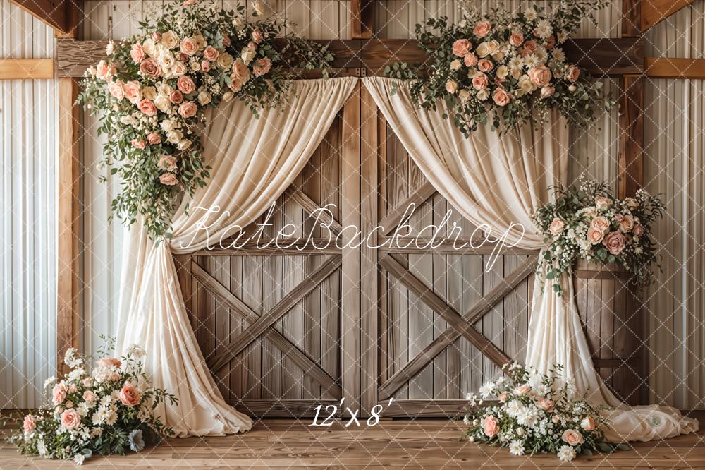 Kate Wedding Floral Barn Doors Fleece Backdrop Designed by Emetselch - Image 4