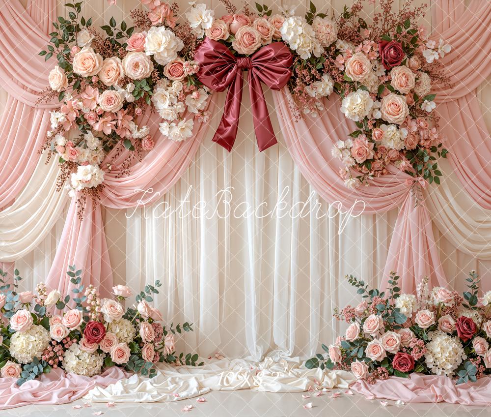 Kate Wedding Floral Arch Bow Pink Drapes Fleece Backdrop Designed by Emetselch - Image 3