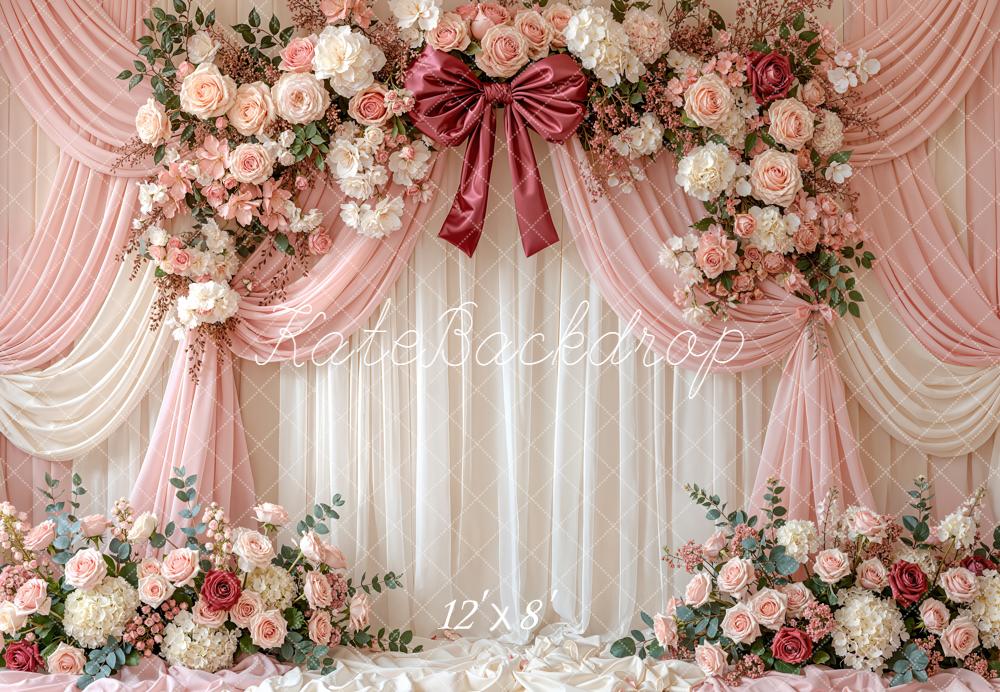 Kate Wedding Floral Arch Bow Pink Drapes Fleece Backdrop Designed by Emetselch - Image 4
