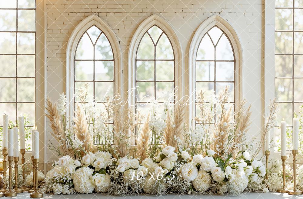 Kate Wedding Floral Arch Candles Cream Windows Backdrop Designed by Mini MakeBelieve - Image 4