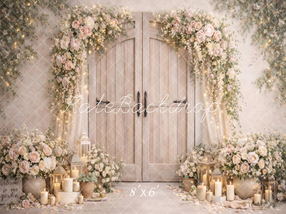 Kate Wedding Floral Arch Candles Rustic Doors Backdrop Designed by Vertigo Productions - Image 3