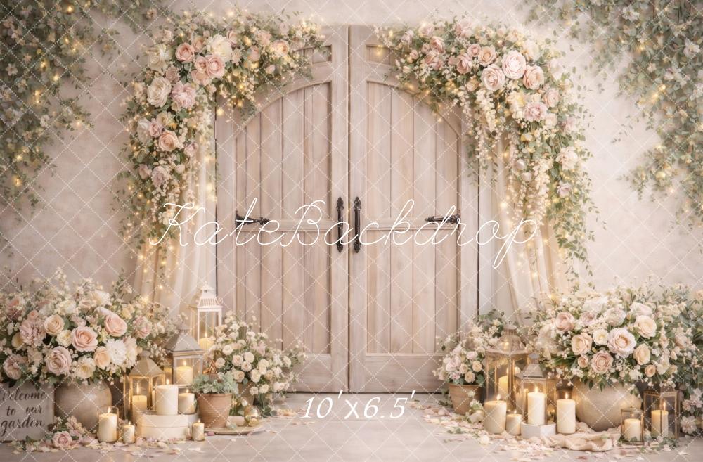 Kate Wedding Floral Arch Candles Rustic Doors Backdrop Designed by Vertigo Productions - Image 4