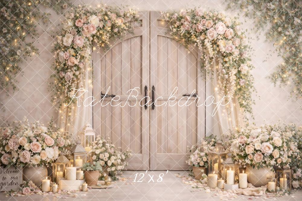 Kate Wedding Floral Arch Candles Rustic Doors Backdrop Designed by Vertigo Productions - Image 8