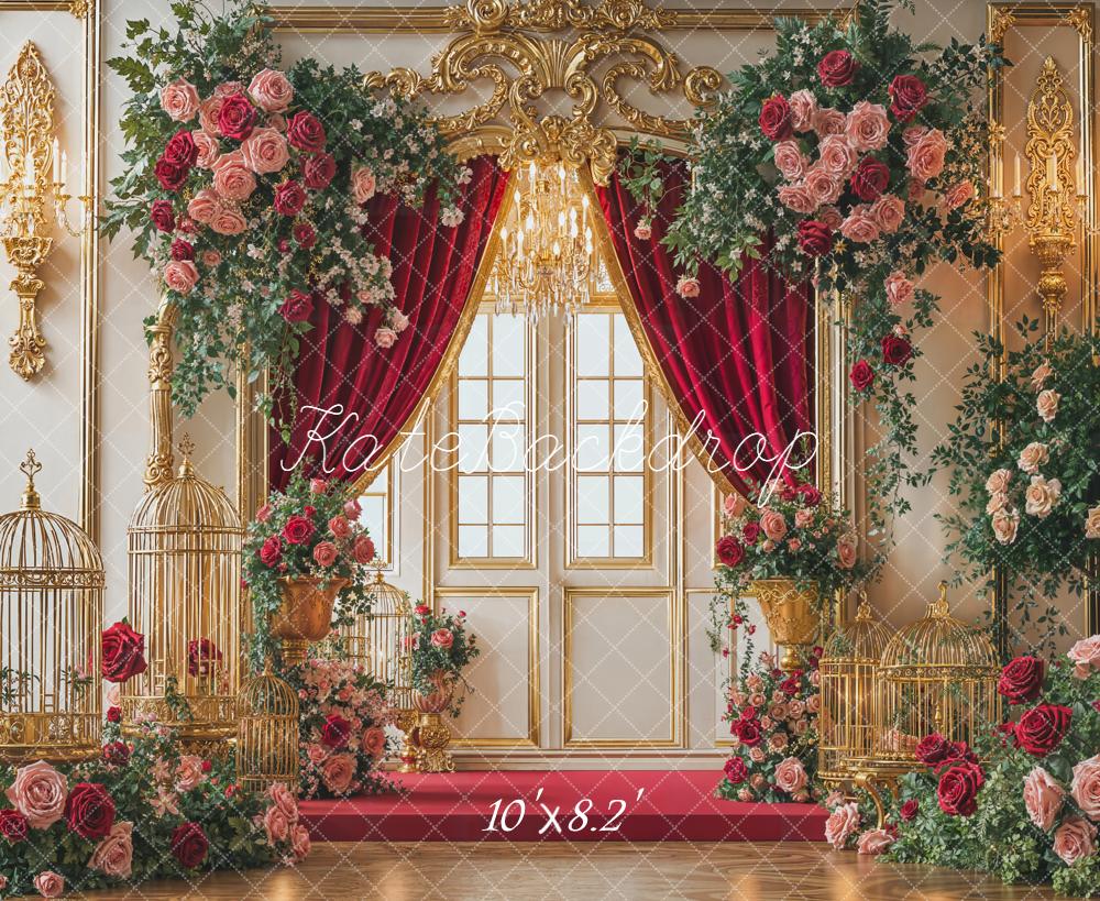Kate Wedding Floral Arch Red Curtains Fleece Backdrop Designed by Emetselch - Image 3