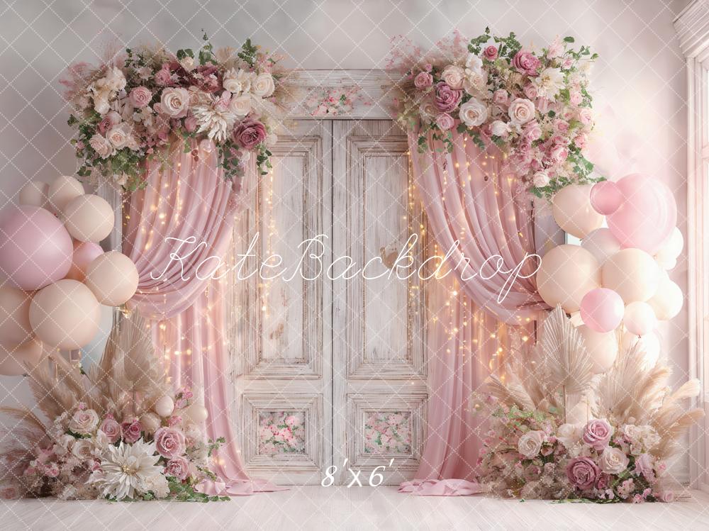 Kate Wedding Floral Vintage Door Pink Balloon Backdrop Designed by Ashley Paul - Image 3