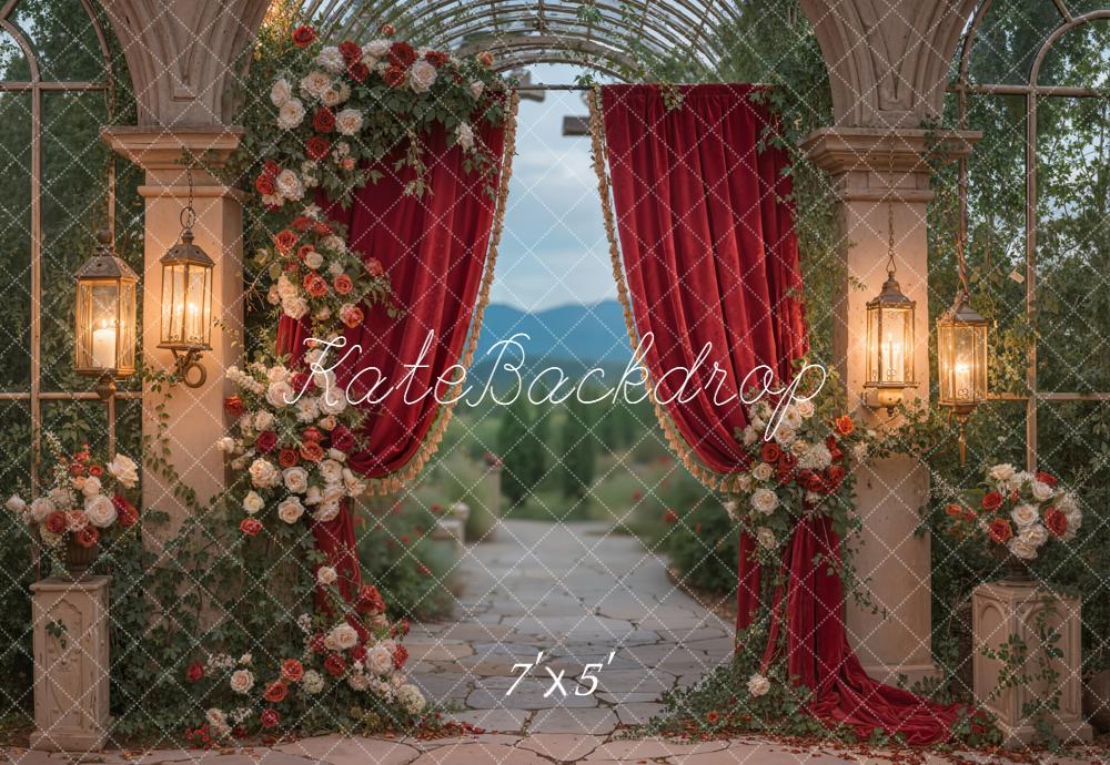 Kate Spring Wedding Flower Lanterns Red Curtain Backdrop Designed by Emstselch