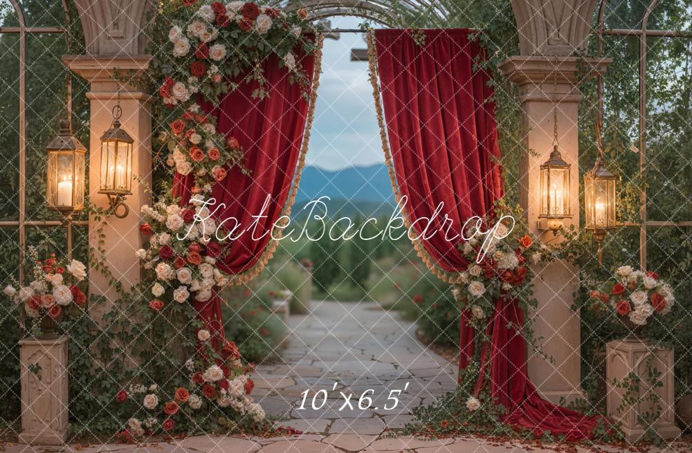 Kate Spring Wedding Flower Lanterns Red Curtain Backdrop Designed by Emstselch - Image 4