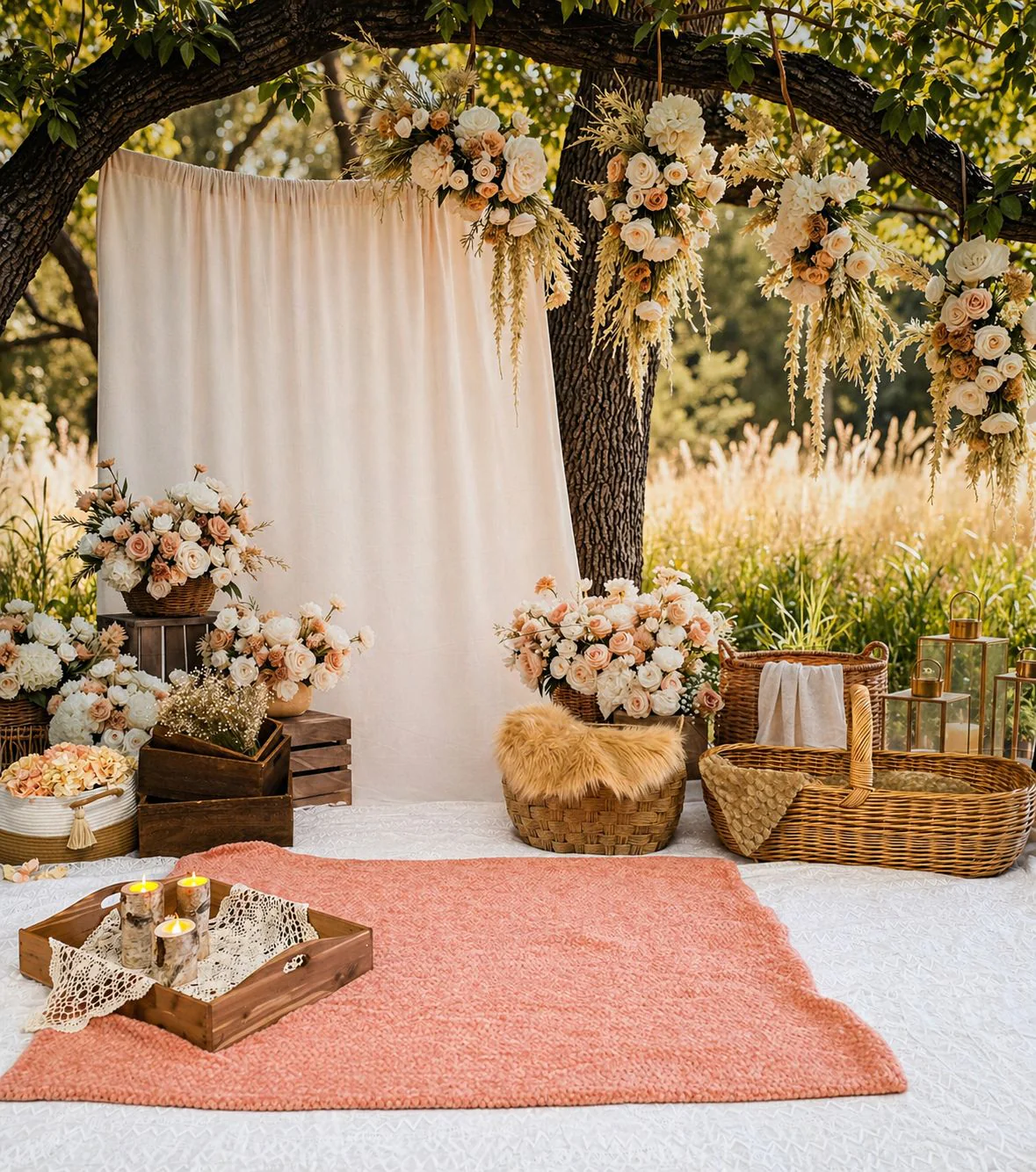 Kate Spring Wedding Floral Cream Drapes Lanterns Backdrop Designed by Mini MakeBelieve - Image 13