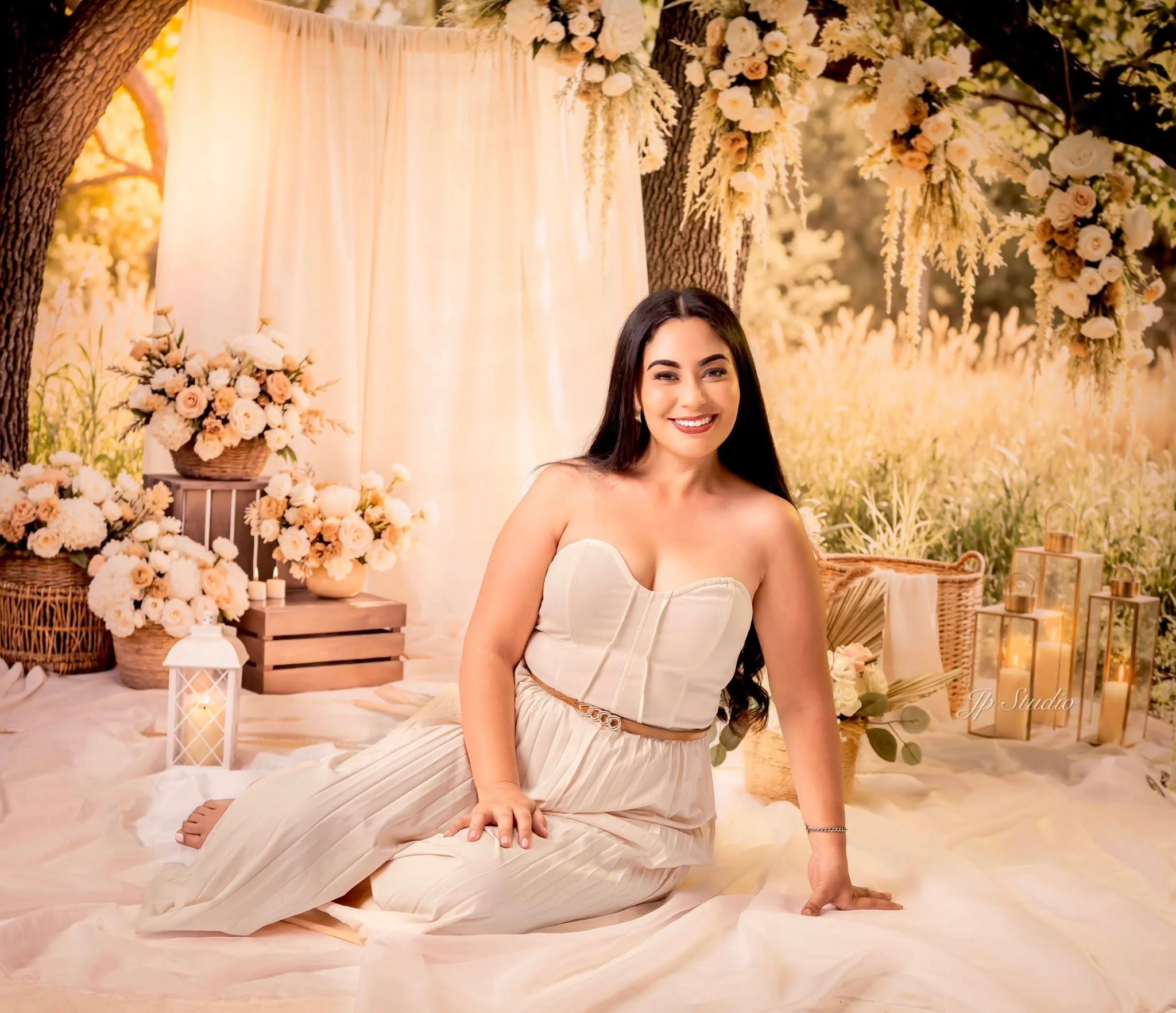 Kate Spring Wedding Floral Cream Drapes Lanterns Backdrop Designed by Mini MakeBelieve - Image 3