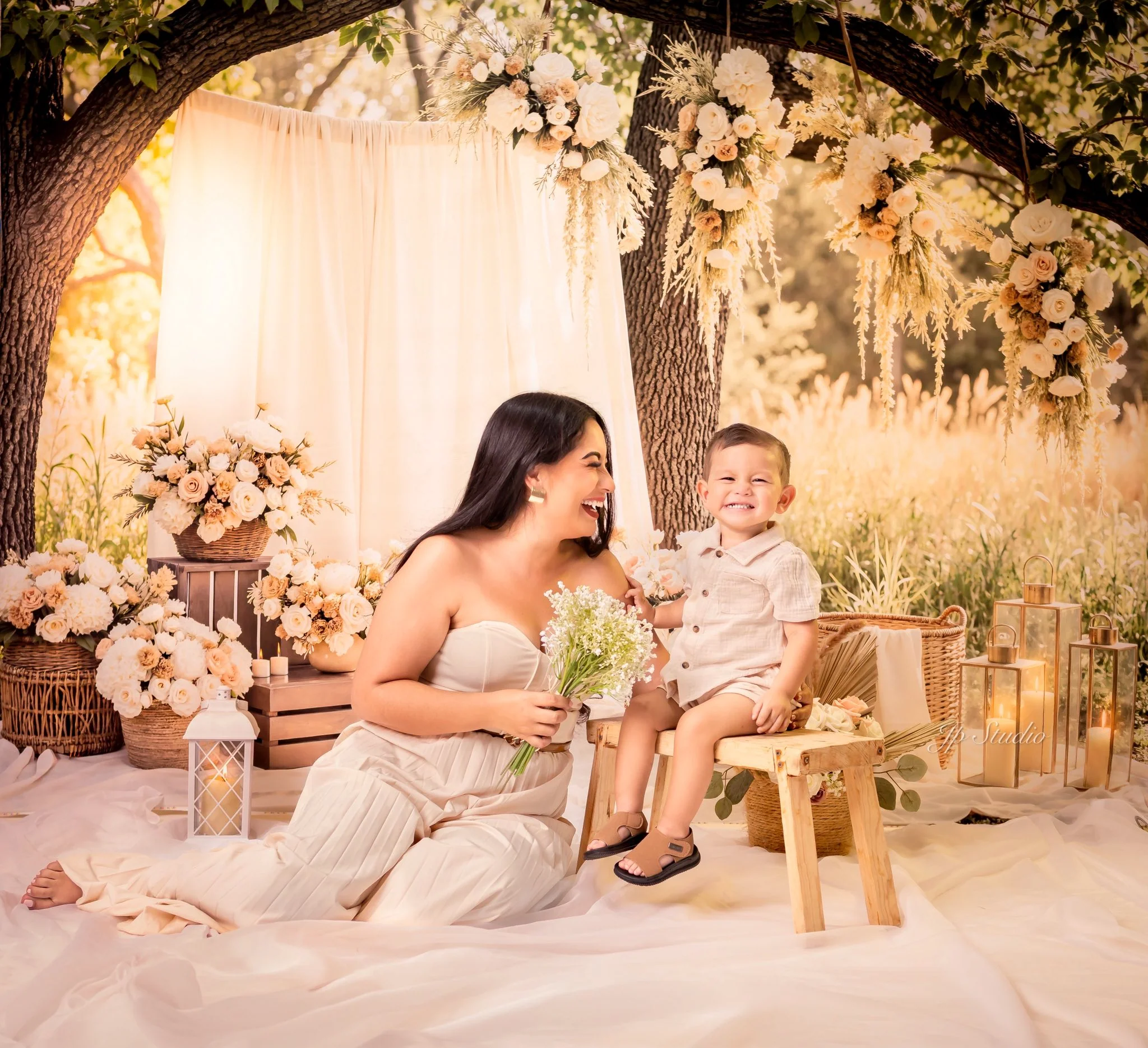 Kate Spring Wedding Floral Cream Drapes Lanterns Backdrop Designed by Mini MakeBelieve - Image 5