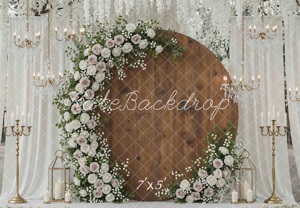 Kate Wedding Garland Chandeliers Wood Backdrop Designed by Mini MakeBelieve