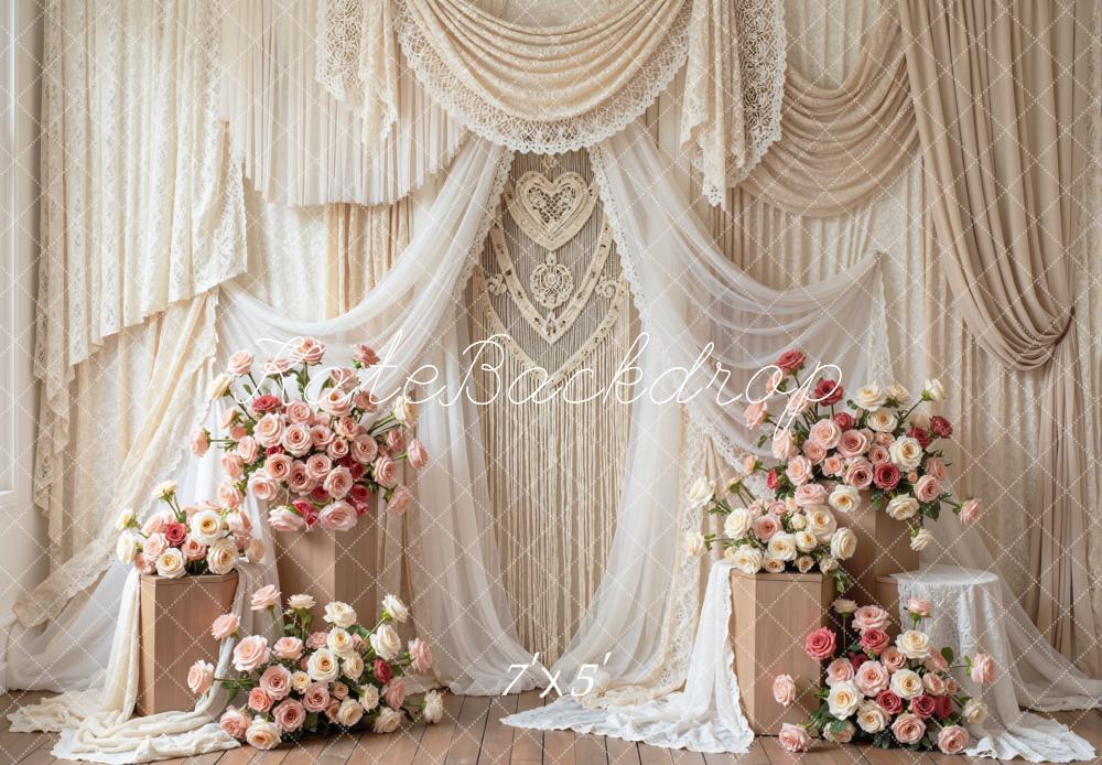 Kate Wedding Lace Drapes Pink Roses Backdrop Designed by Mini MakeBelieve