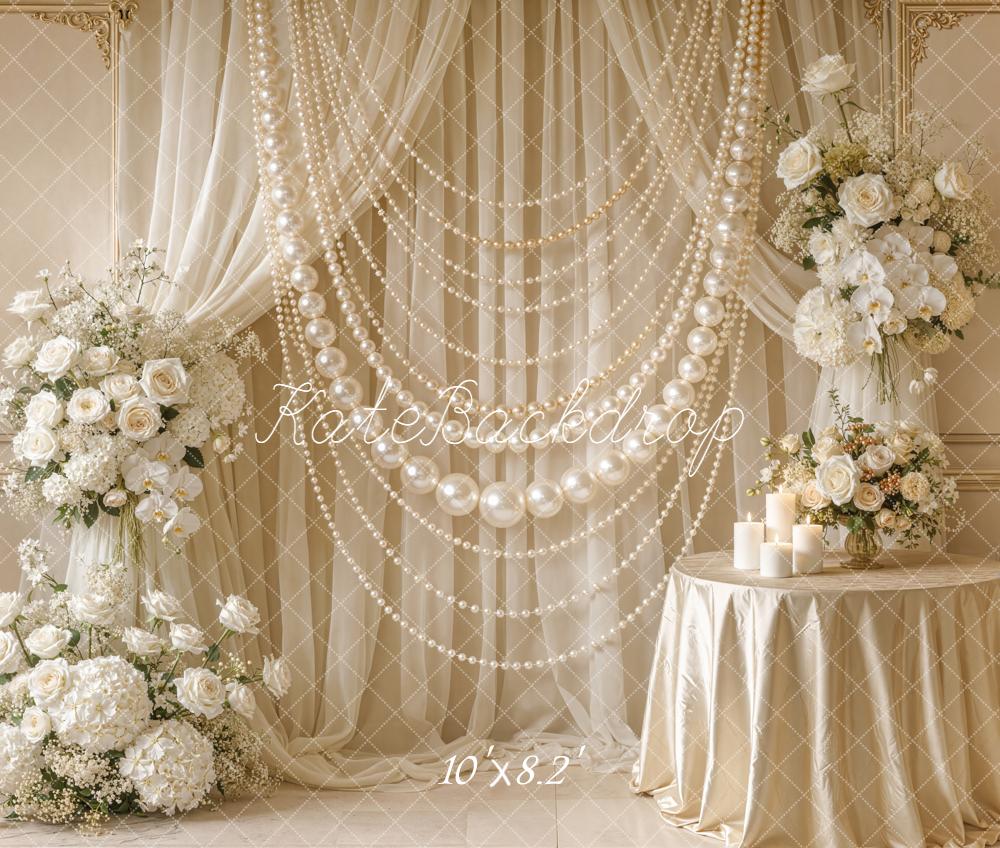 Kate Wedding Pearl Garland Floral Cream Fleece Backdrop Designed by Emetselch - Image 3