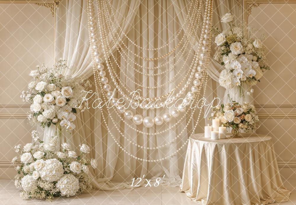 Kate Wedding Pearl Garland Floral Cream Fleece Backdrop Designed by Emetselch - Image 4
