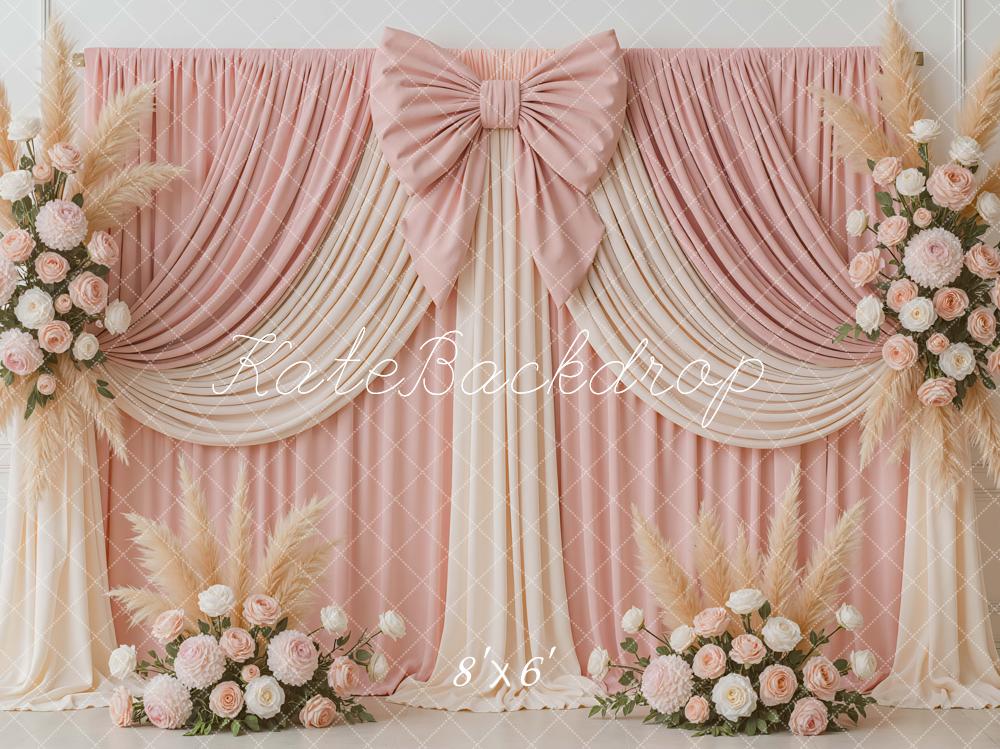Kate Wedding Pink Drapes Bow Floral Backdrop Designed by Mini MakeBelieve - Image 3