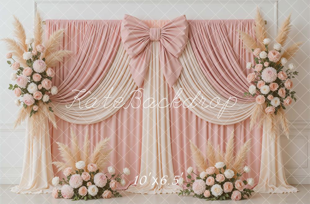 Kate Wedding Pink Drapes Bow Floral Backdrop Designed by Mini MakeBelieve - Image 4