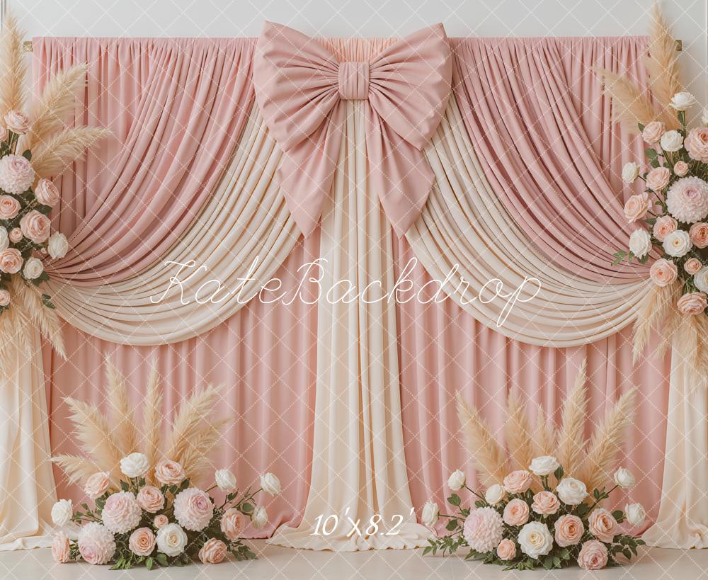 Kate Wedding Pink Drapes Bow Floral Backdrop Designed by Mini MakeBelieve - Image 6