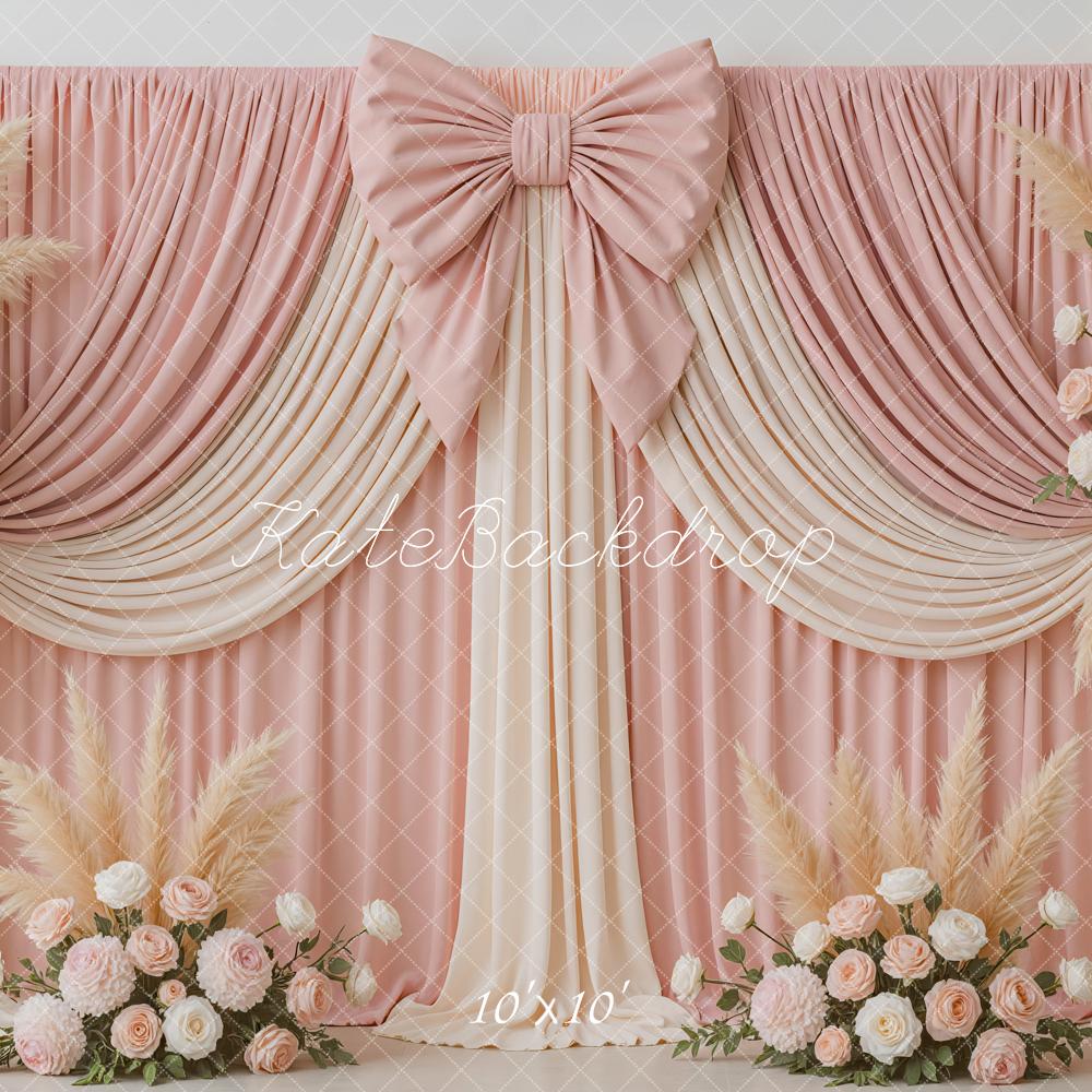 Kate Wedding Pink Drapes Bow Floral Backdrop Designed by Mini MakeBelieve - Image 7