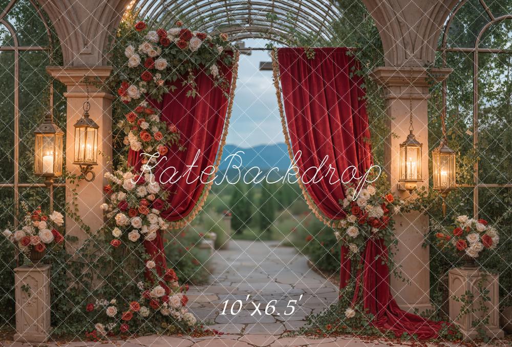 Kate Wedding Red Curtain Floral Archway Fleece Backdrop Designed by Emstselch - Image 2
