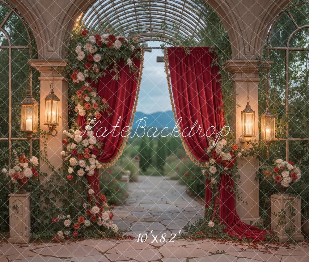 Kate Wedding Red Curtain Floral Archway Fleece Backdrop Designed by Emstselch - Image 3