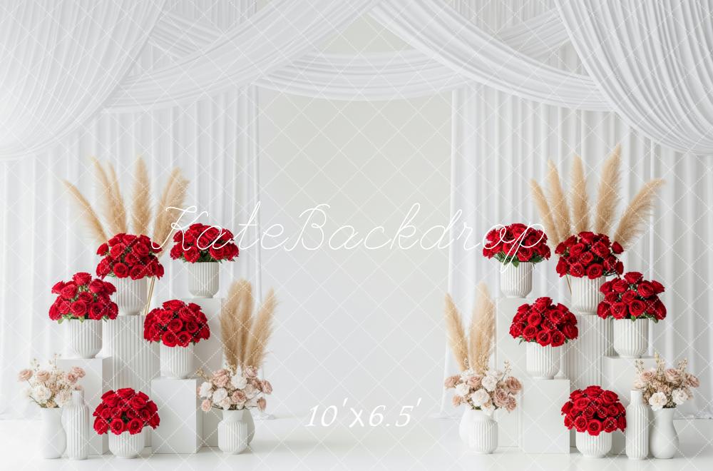Kate Wedding Red Roses Pampas Grass Pedestals White Drapes Fleece Backdrop Designed by Patty Robert - Image 2