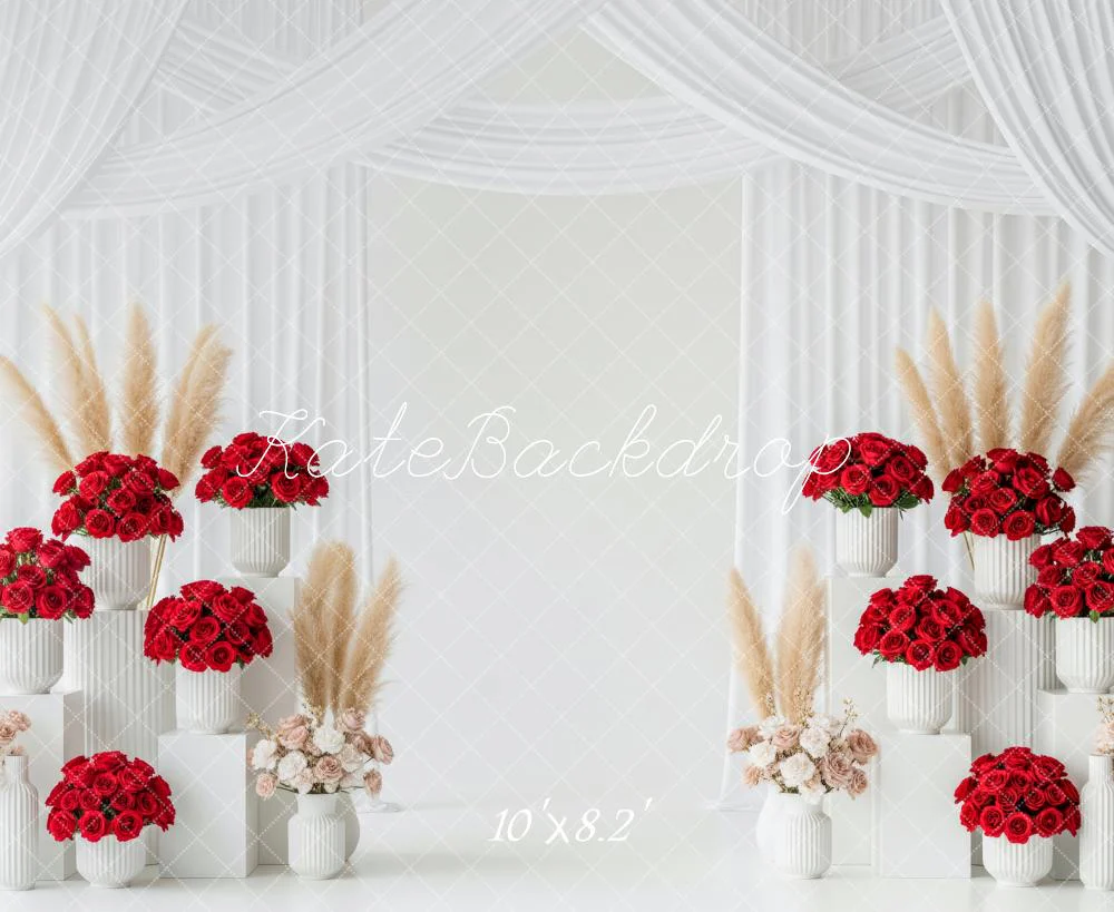 Kate Wedding Red Roses Pampas Grass Pedestals White Drapes Fleece Backdrop Designed by Patty Robert - Image 3