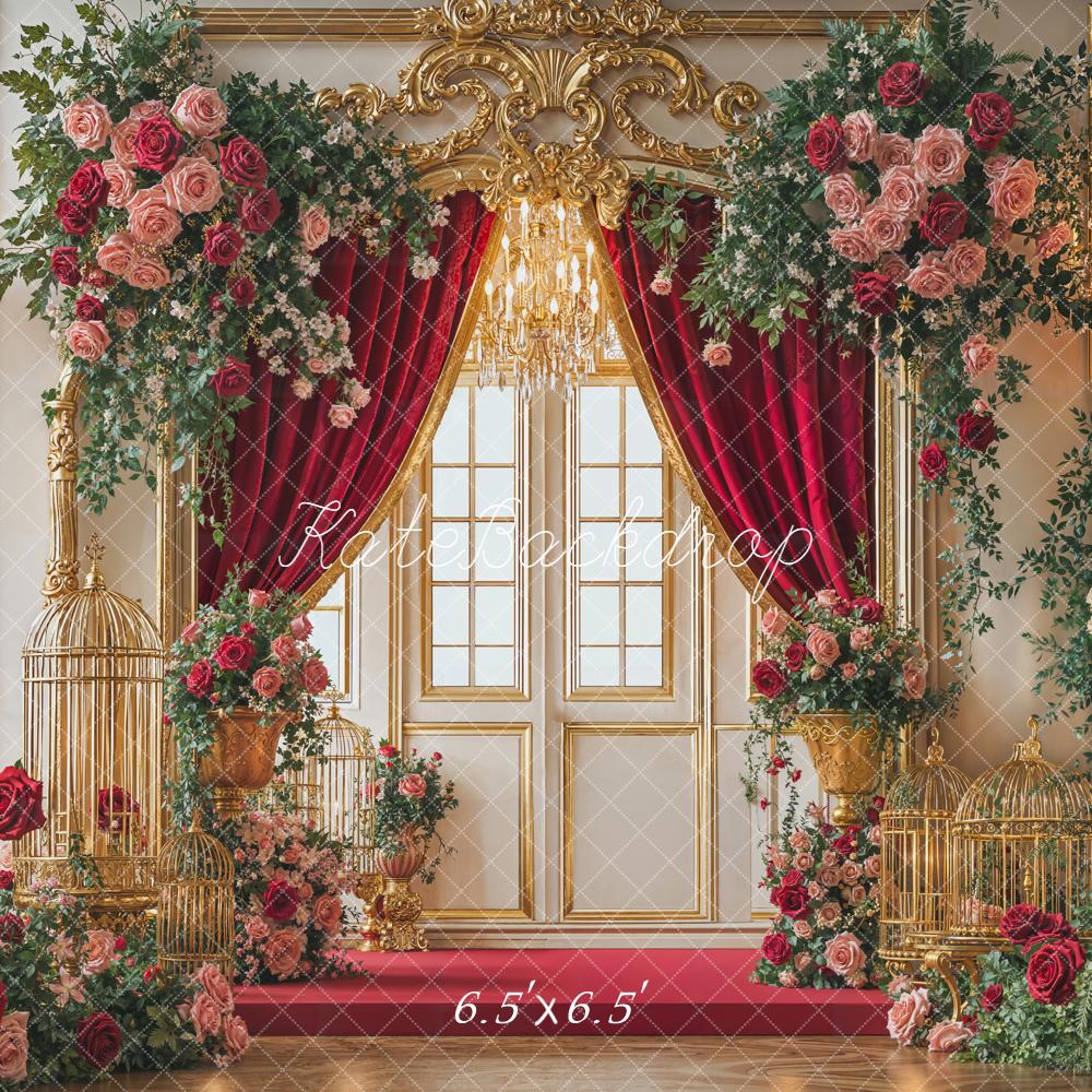 Kate Wedding Rose Gold Birdcages Red Curtain Backdrop Designed by Emetselch - Image 2