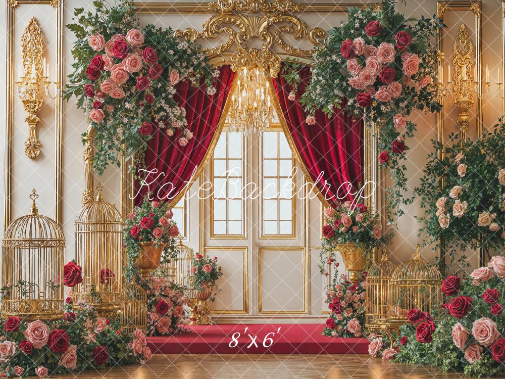 Kate Wedding Rose Gold Birdcages Red Curtain Backdrop Designed by Emetselch - Image 3