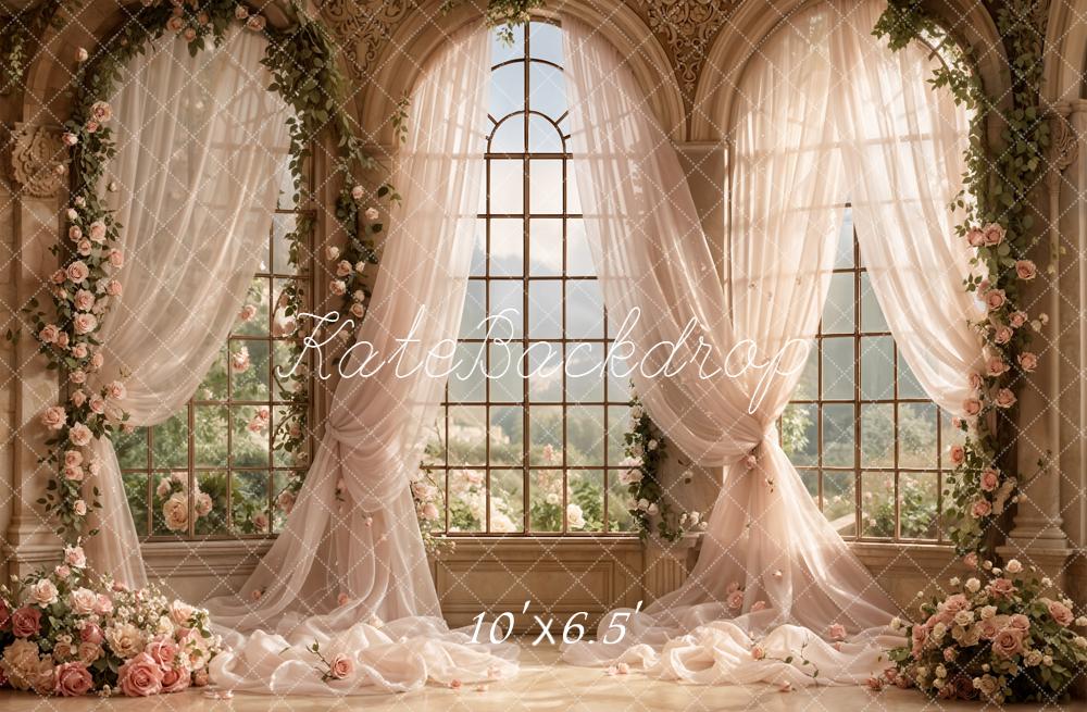 Kate Wedding Roses Arched Window Drapes Fleece Backdrop Designed by Emetselch - Image 2