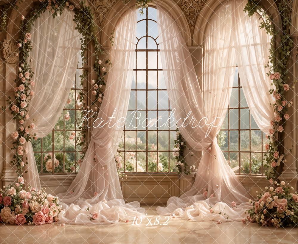 Kate Wedding Roses Arched Window Drapes Fleece Backdrop Designed by Emetselch - Image 3