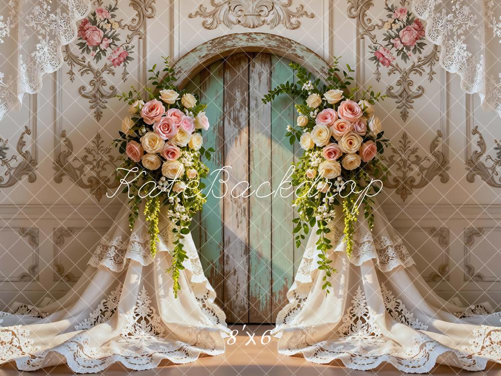 Kate Wedding Roses Rustic Door Lace Curtains Backdrop Designed by Mini MakeBelieve - Image 3