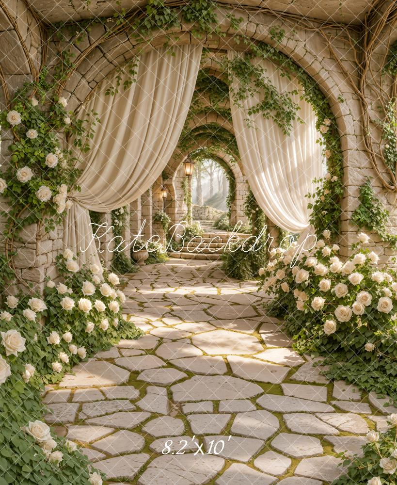Kate Wedding Stone Archway White Roses Curtains Fleece Backdrop Designed by Emetselch - Image 3