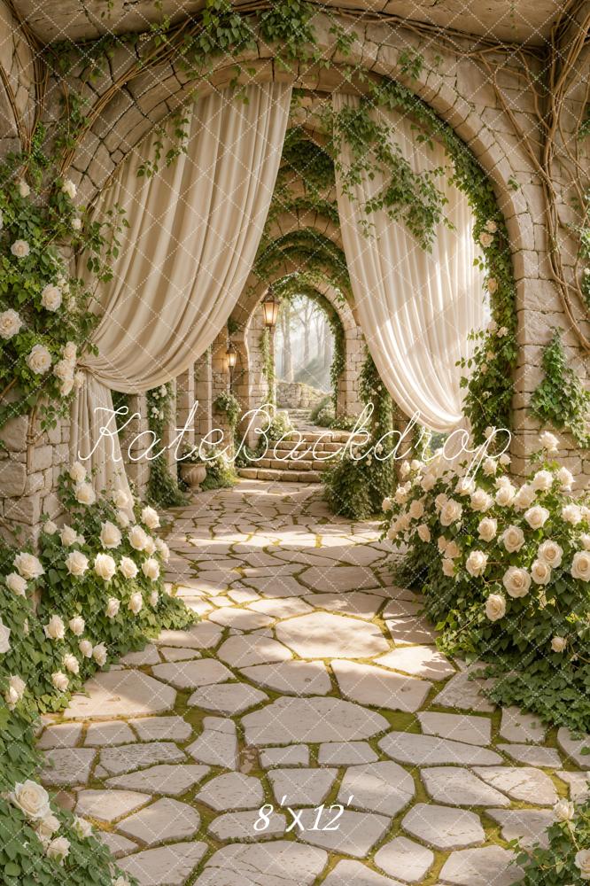 Kate Wedding Stone Archway White Roses Curtains Fleece Backdrop Designed by Emetselch - Image 4